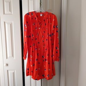 Fire Red Floral Pintuck Swing Dress Long Sleeves